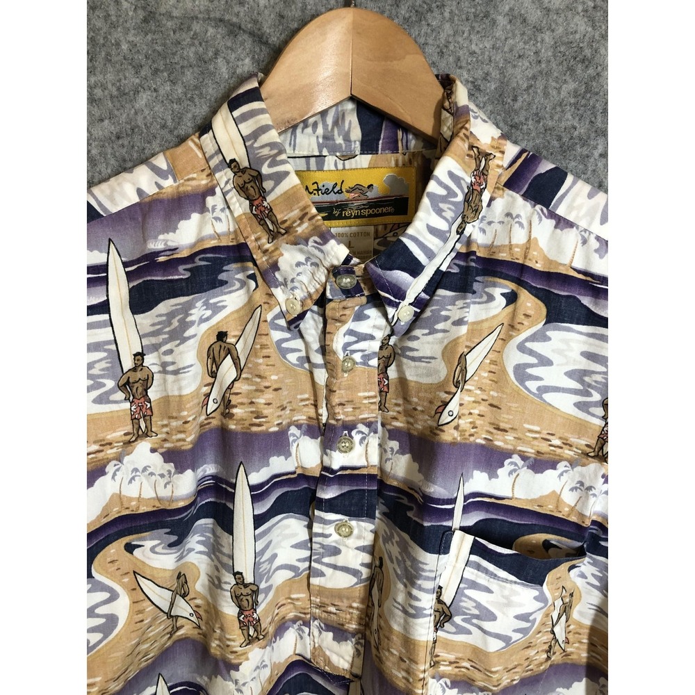 Reyn Spooner Hawaiian Shirt Mens Large Beige Purple Surfer Print M. Field Cotton